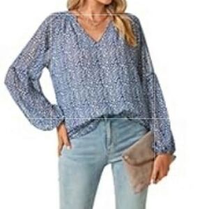 MAFILOP Boho Print V Neck Long Sleeve Chiffon Blouse in Blue/White Size XL